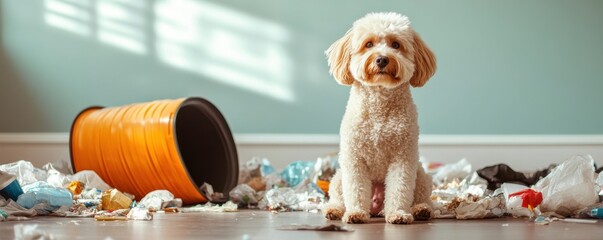 A fluffy dog sits amid a messy room filled with scattered trash. A humorous scene showcasing pet mischief and playful behavior.