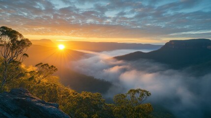 Sunrise over Ackmon National Park, with the first rays of light illuminating the park's vast landscape and misty valleys.