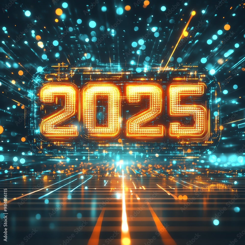 Poster futuristic digital representation of the year 2025 with glowing numbers and vibrant light effects, p