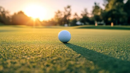 White golf ball on picturesque green golf course at the sunset. Pitch is perfectly prepared, grass is neatly trimmed. Reflection of sun rays on surface of ball and texture of grass. Copy space. 