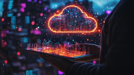 Obraz premium An interactive digital display of a vibrant city with a cloud interface for smart technology displayed on a tablet.