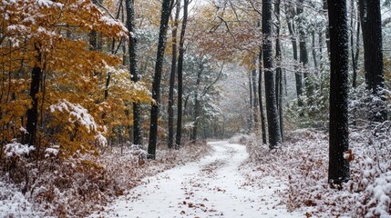 Fototapeta premium The first snowfall of the season dusting the trees and paths in Ackmon National Park, creating a winter wonderland.