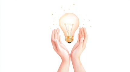 A pair of hands cradling a glowing light bulb, symbolizing ideas, inspiration, and creativity in a minimalist style.