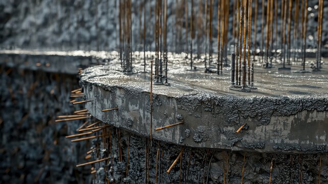 Close-up of a massive concrete pour at a skyscraper foundation site, with detailed texture of the concrete and reinforcement bars