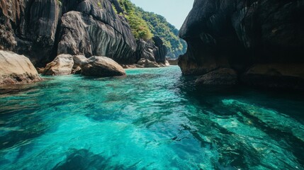 The mesmerizing cliffs and emerald waters of Similan Islands National Park, popular for diving and snorkeling.