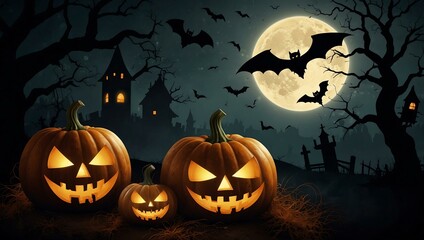 Halloween card with pumpkins and bats.