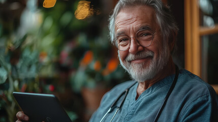 Obraz premium Smiling senior man wearing glasses holds tablet.