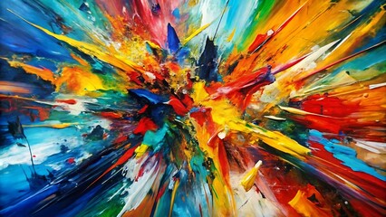 The image is an abstract painting with a burst of colors like red, yellow, blue, green, and white in a dynamic and chaotic arrangement, seemingly exploding from the center of the canvas.