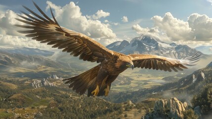 Naklejka premium Golden Eagle Soaring Over Majestic Mountain Range