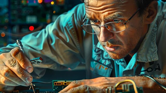 Expert technician repairs complex circuit board in a high-tech workshop at night
