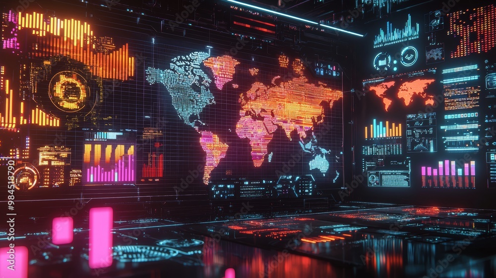 Wall mural futuristic techno background with neon lines and data. abstract cyberpunk digital interface.
