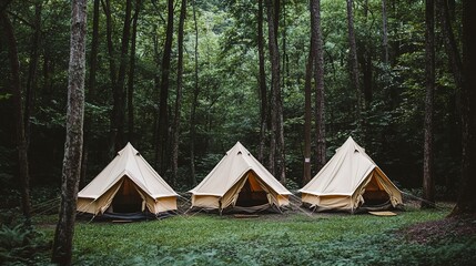 Three vintage canvas tents set up in a lush green forest exude a sense of adventure and nostalgia for classic camping experiences