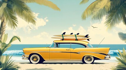 the yellow classic car with surfing stuff on the roof ready for travel at the beach