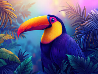 Fototapeta premium A toucan with vibrant beak is nestled among lush tropical foliage, showcasing its colorful plumage in serene environment. scene evokes sense of wonder and beauty