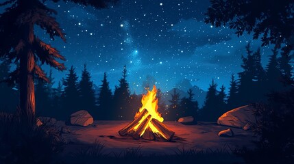 The fire at night, Fire in the woods or forest. Camping trip concept. Cozy fire or bonfire in a natural spot. 
