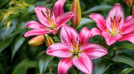Fototapeta premium Vibrant pink lilies in full bloom, surrounded by green leaves, capturing the beauty of nature in a garden.