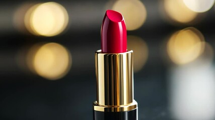 Bold red lipstick shines against blurred golden lights on a stylish vanity