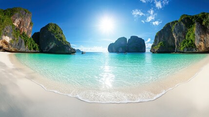 White sandy beaches and crystal-clear waters of Maya Bay on Koh Phi Phi island.