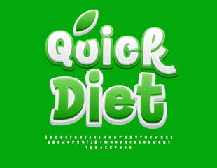 Vector eco template Quick Diet. Funny White and Green Font. Playful Alphabet Letters and Numbers set.