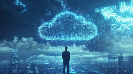 A man stands in front of a large cloud with a city in the background