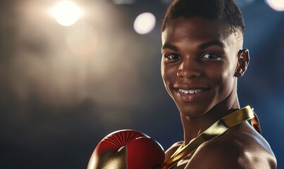 Naklejka premium boxing competitor proudly grinning while holding a gold medal around their neck, Generative AI.