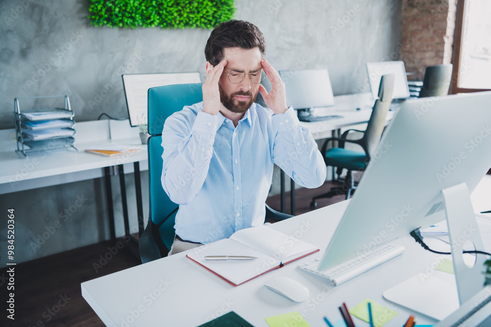 Sticker Portrait of elegant corporate worker man touch temples headache wear shirt loft interior business center indoors