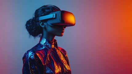 A person engages deeply with virtual reality technology amidst colorful lighting