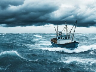 Naklejka premium A fishing boat bravely sails through turbulent ocean waters under dark storm clouds, capturing the essence of adventure and resilience.