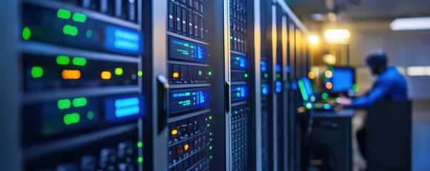 Obraz premium A modern data center with illuminated servers and a technician working at a computer, showcasing advanced technology and infrastructure.