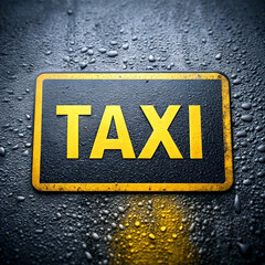 A close-up image of a textured black taxi sign, bordered with yellow. The word 