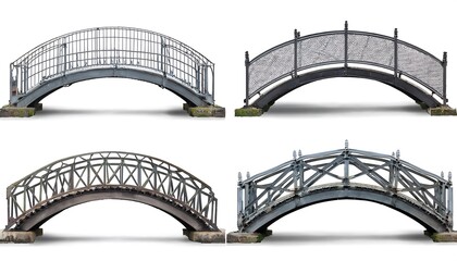 Fototapeta premium Set collection of arch rustic metal bridge front view on transparent background cutout PNG file. Many different assorted style. Mockup template for design