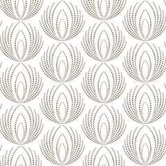 Pattern of brown dots on a white background. Flowers from dots are assembled into a geometric ornament. Vector seamless pattern.
