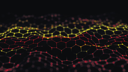 Futuristic hexagon wave. Abstract hexagon wave pattern. Dark cyberspace. Abstract wave with dots and line. 3d vector illustration.