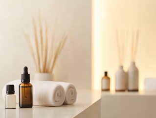 A calming spa setup featuring essential oils, aromatic decor, and neatly rolled towels, perfect for relaxation and self-care.
