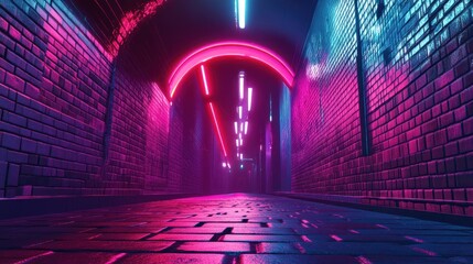 Obraz premium A vibrant, neon-lit alleyway with colorful lights reflecting off the wet pavement.