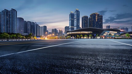 Asphalt road and modern city skyline