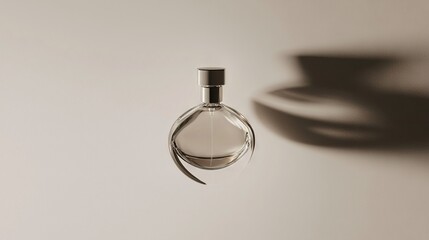   A bottle of perfume rests beside a cup's shadow on the wall, with a vase's shadow in the background