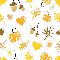 Vector Doodle Creative Autumn Seamless Pattern Design. Isolated on White Background Autumn Dry Leaves, pumpkins acorns. Hand drawn repeatable texture autumn stickers or doodle icons
