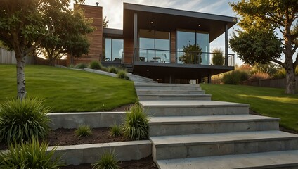 House with outdoor stairs, grassy yard, and outdoor living area, with copy space.