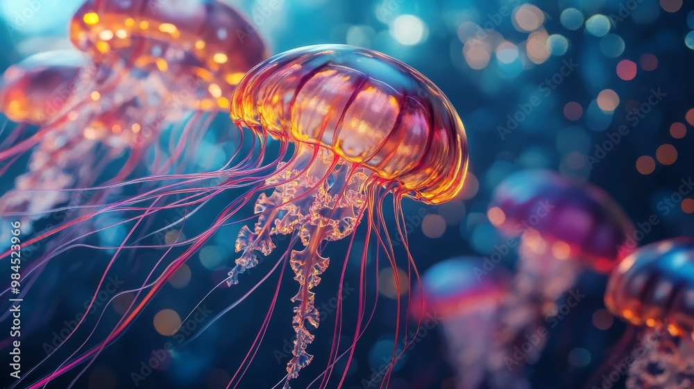 Canvas Prints An illustration in line, triangle, and particle style makes jellyfish seem alive.