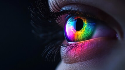 A close-up of a vibrant, colorful eye reflecting a spectrum of light, showcasing intricate details and unique beauty.