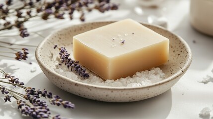 A soothing soap bar on a speckled plate, surrounded by lavender and coarse salt, evoking tranquility and natural beauty.