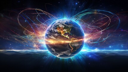 Fototapeta premium Magnetic lines of force surrounding Earth known as the magnetosphere. Neural network ai generated art