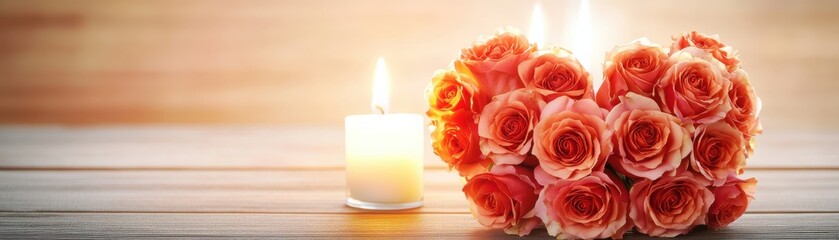 Naklejka premium A beautiful arrangement of roses shaped like a heart, accompanied by a glowing candle, perfect for romantic settings.
