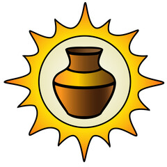 Pitcher and sun. Logo for the pottery workshop in color - vector image for a sign or pictogram