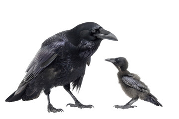 Fototapeta premium A raven stands beside its chick, showcasing the bond between parent and offspring on a white background on transparent background