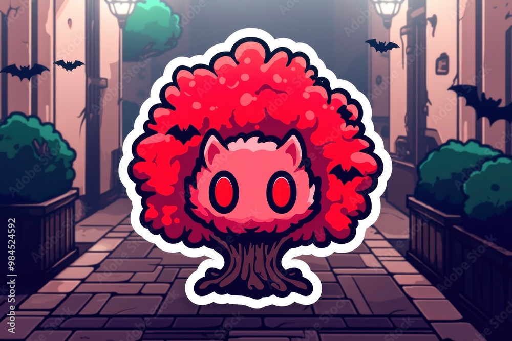 Sticker Cute Monster Hiding in a Bush