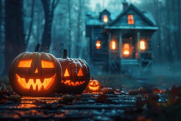 Jack-O-Lanterns Glowing in Front of a Haunted House