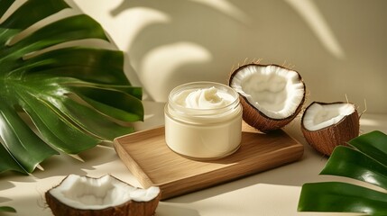 Luxurious coconut cream placed elegantly among fresh coconuts and tropical leaves, perfect for skincare products and relaxation themes.