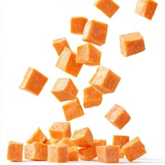 Cubes of sweet potato floating mid-air, isolated on a clean white background.